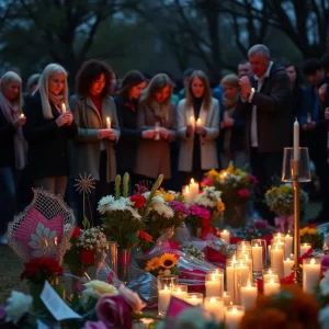 A community memorial with candles and flowers in tribute to John Corbett.