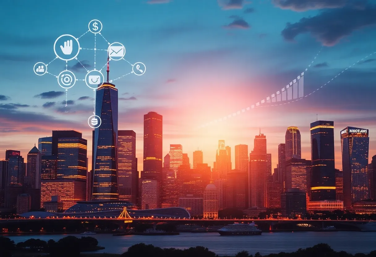 A representation of digital marketing careers with city skyline and digital icons.