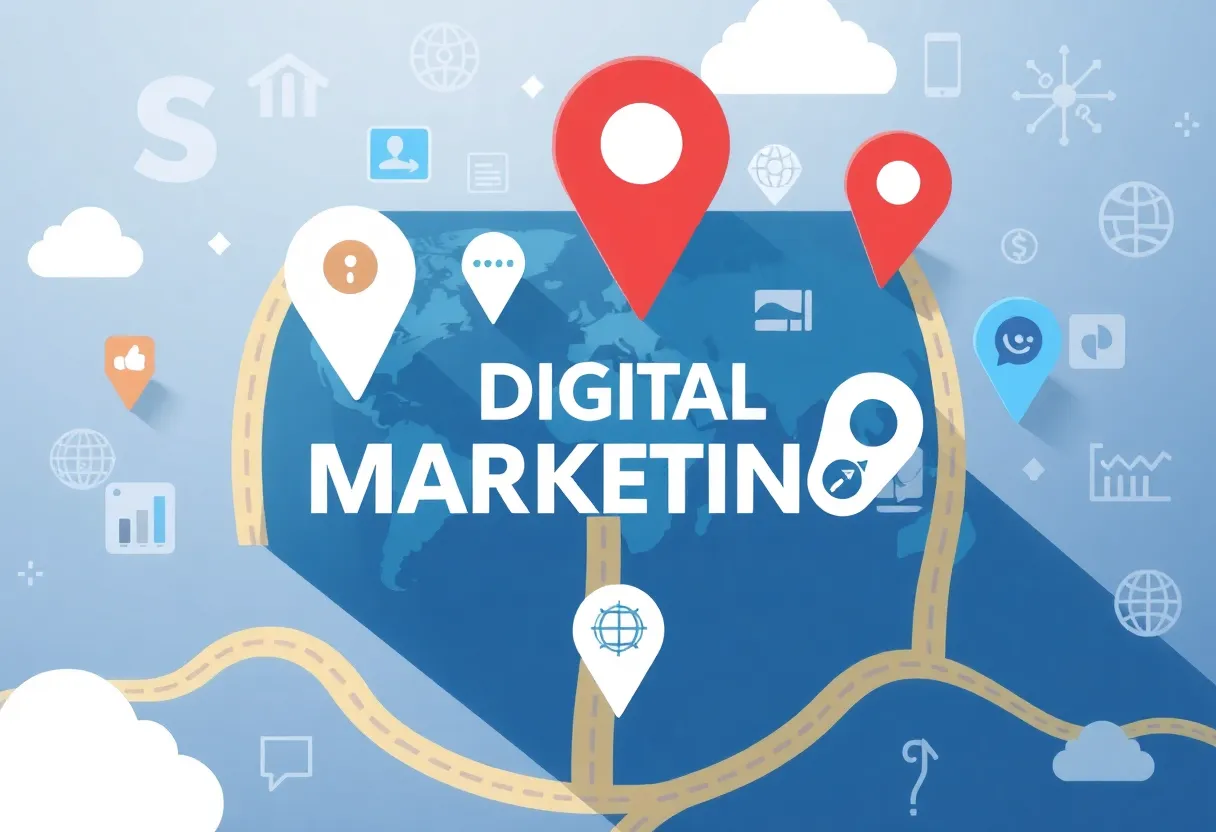 Illustration of a digital marketing framework resembling a map with various marketing components.