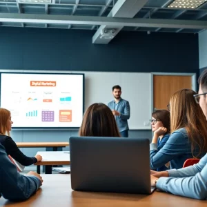 Students learning about digital marketing in a classroom