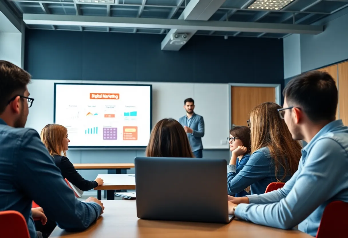 Students learning about digital marketing in a classroom