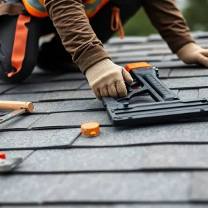 A homeowner performing DIY roof shingle replacement with tools.