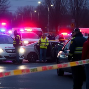 Emergency responders and police at a traffic crash scene.