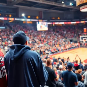 Fans celebrating at a basketball game wearing Foot Locker apparel.