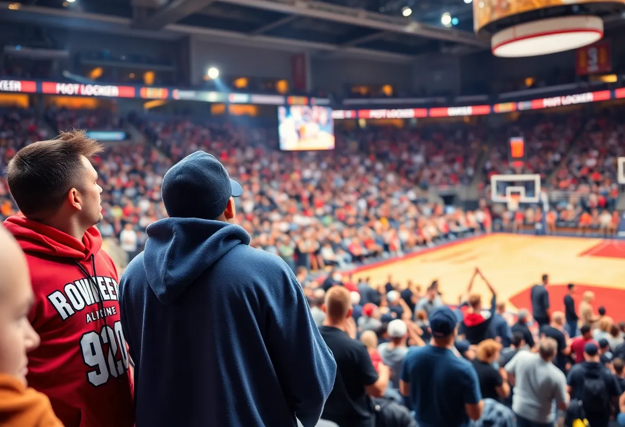 Fans celebrating at a basketball game wearing Foot Locker apparel.