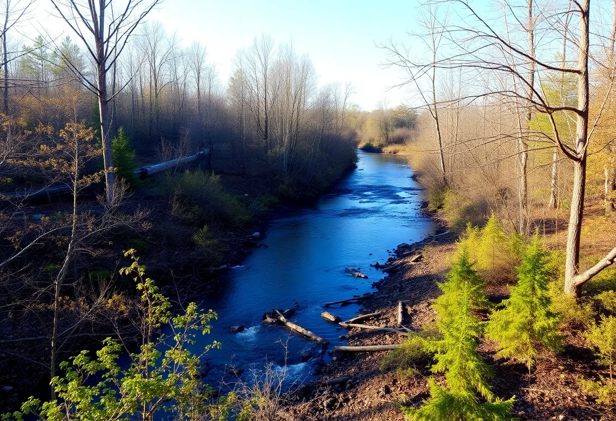 Nature scene of Gills Creek with community volunteers and clean-up activities