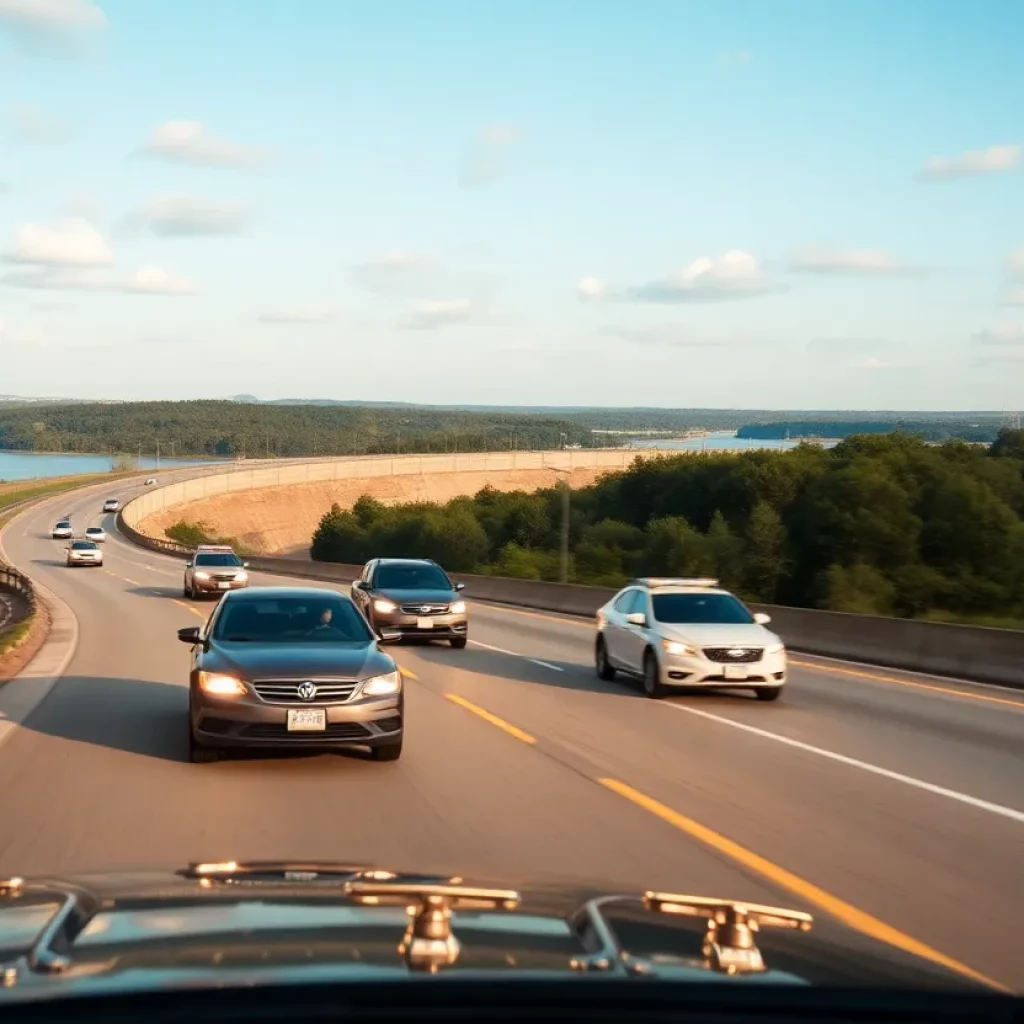 Police cars chasing a vehicle near Lake Murray Dam