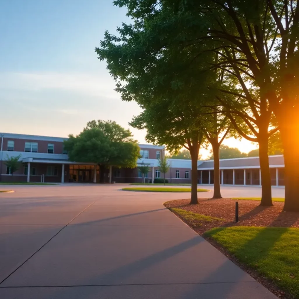 The exterior view of Irmo High School during sunset