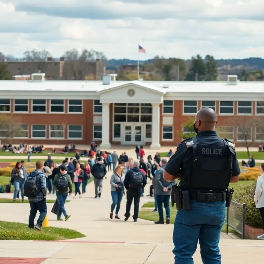 A view of Irmo High School with students and security personnel in action.