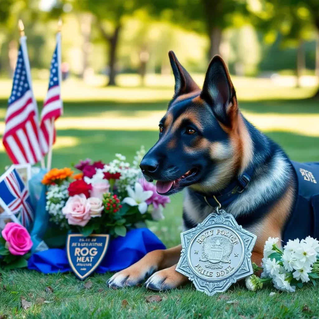 Memorial with flowers for fallen K9 Officer Bumi