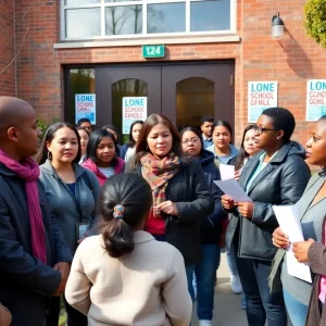 Community members discussing school board election outside a school