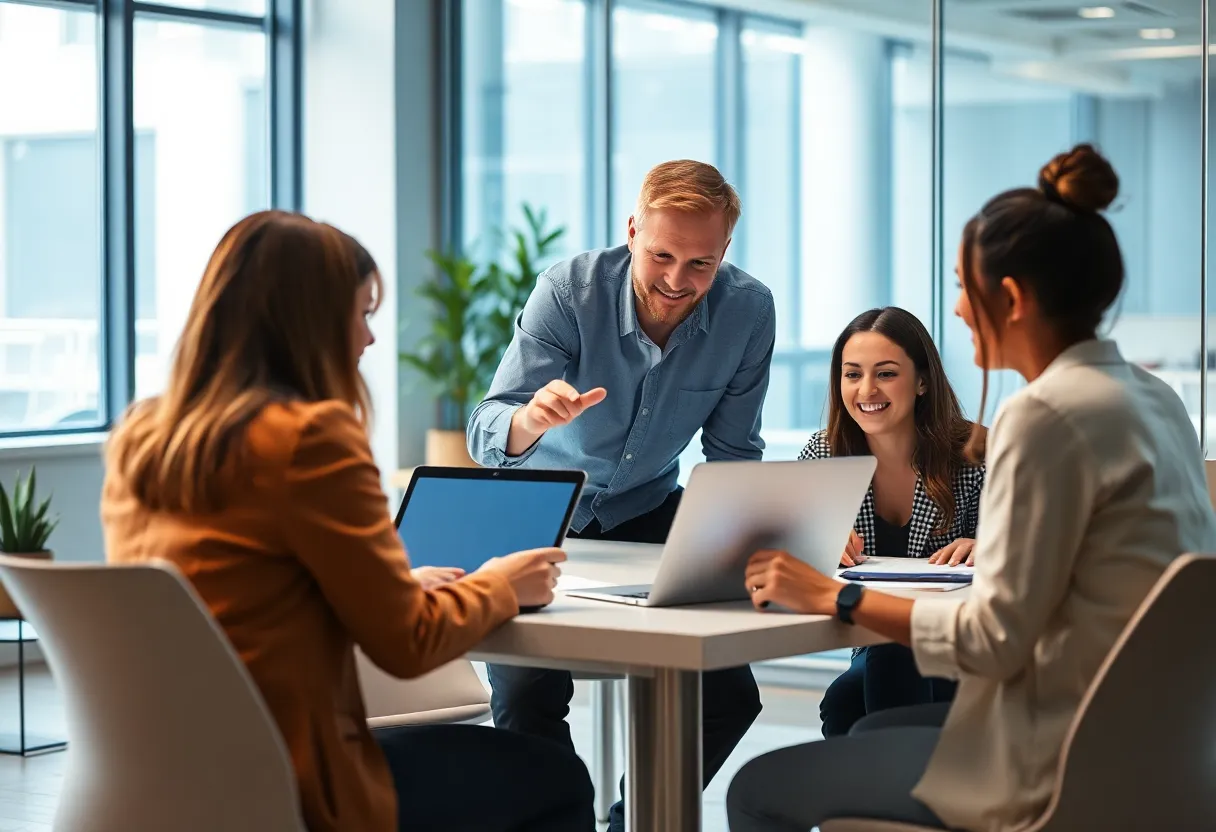 A diverse marketing team working together with digital tools.