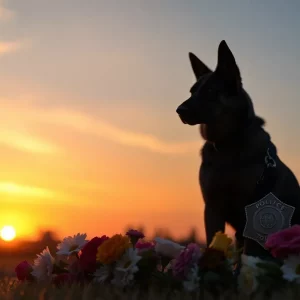 Memorial dedicated to K9 Bumi with flowers and a police badge