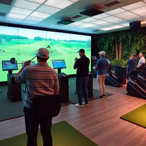 Interior view of indoor golf facility with simulators