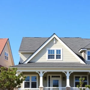 Various roof styles including gable, hip, and flat roofs on a modern house