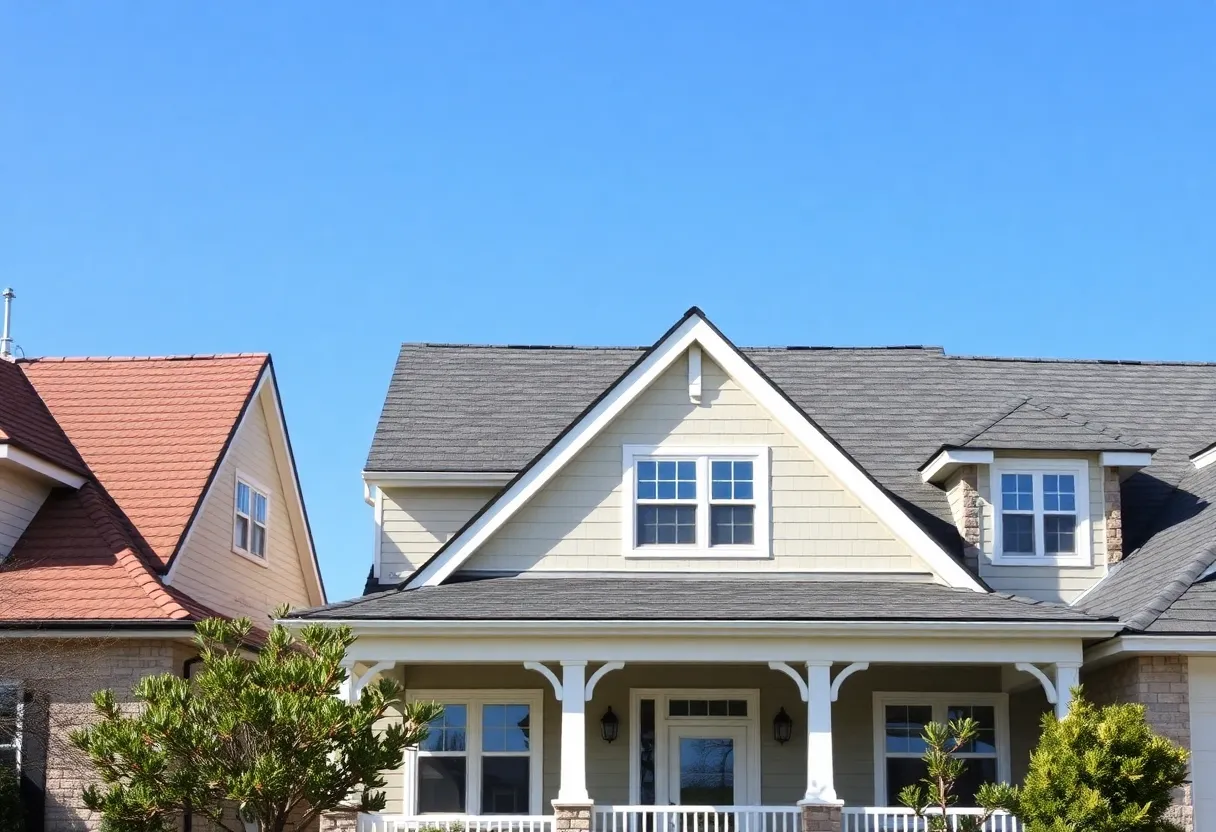 Various roof styles including gable, hip, and flat roofs on a modern house