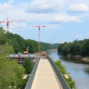 Construction crews working on the Saluda Riverwalk with the river in the foreground.