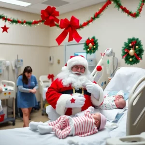 Santa Claus visiting newborns in a hospital NICU