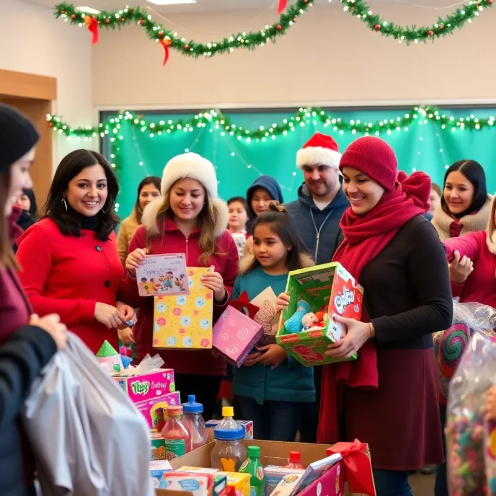 Volunteers at a donation drive for Toys for Tots during the holiday season.