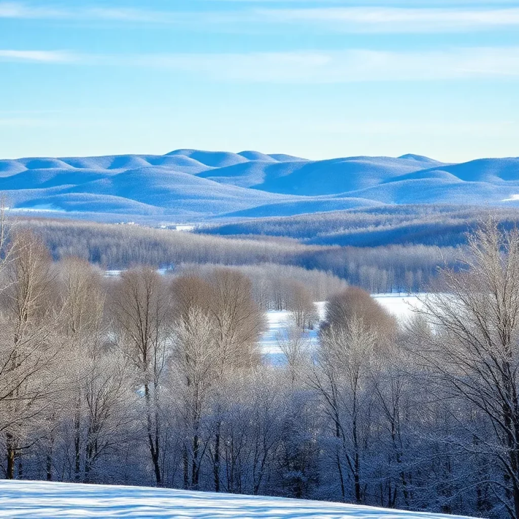 A snowy landscape in South Carolina's Upstate region with Blue Ridge Mountains