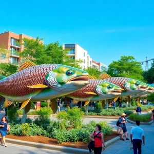 Large trout statues in a park setting in Columbia