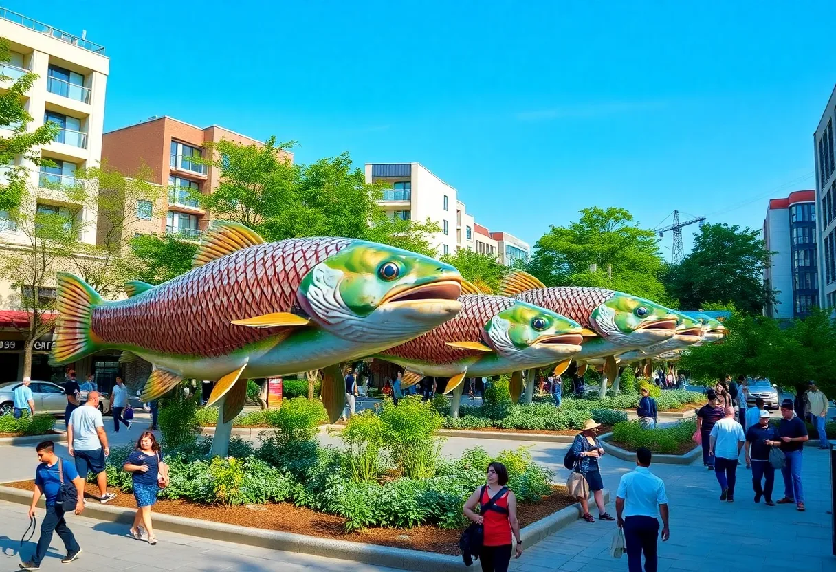 Large trout statues in a park setting in Columbia