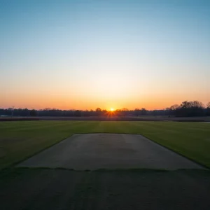 Empty driving range at sunset in Irmo, South Carolina.