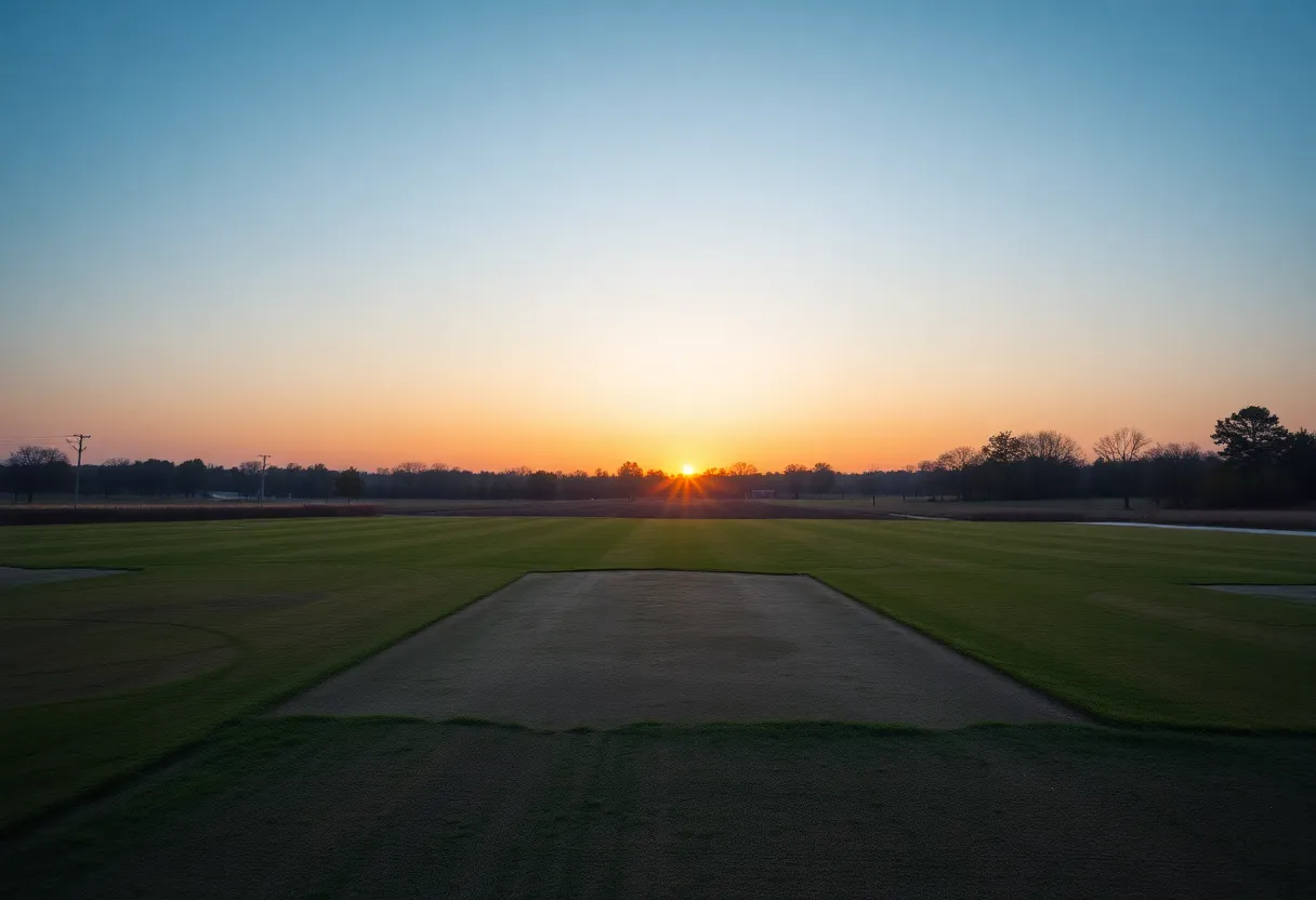 Empty driving range at sunset in Irmo, South Carolina.