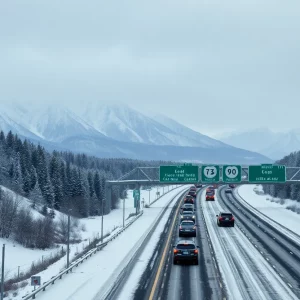 Snow-covered mountains and I-90 highway in winter weather