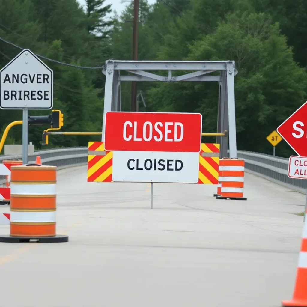 Closed Woodcrest Drive bridge with construction signs