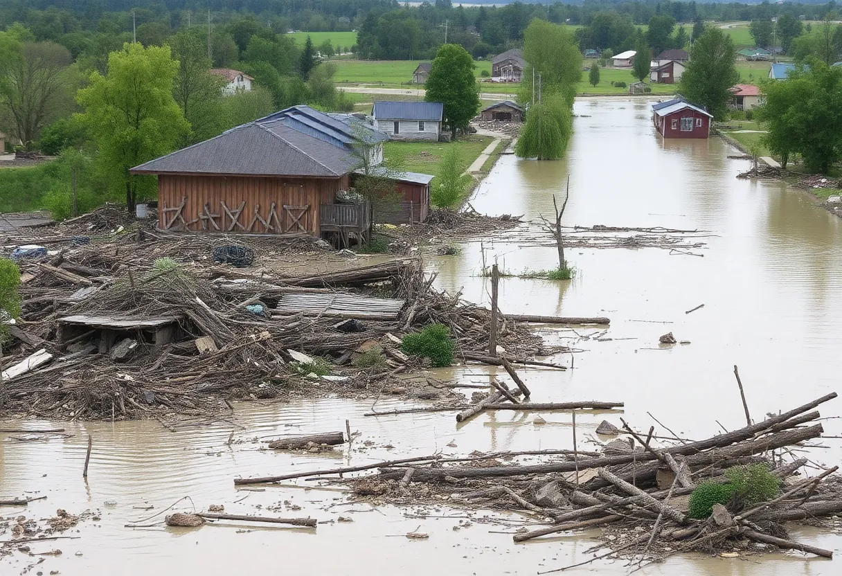 Devastated landscape submerged in floodwaters and debris.