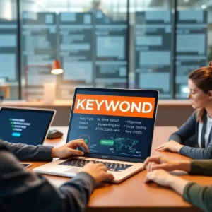 Small business owners using an AI keyword generator tool on laptops.