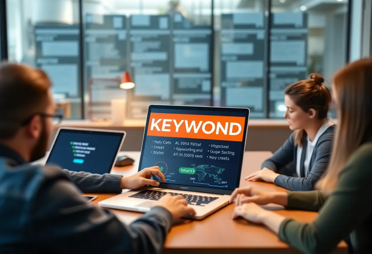 Small business owners using an AI keyword generator tool on laptops.