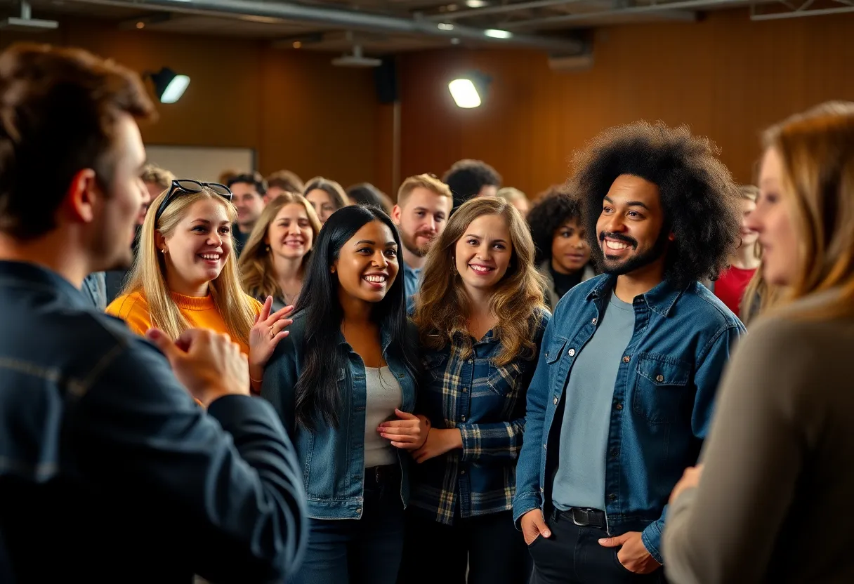 A group of aspiring actors at a casting call auditioning for various roles.