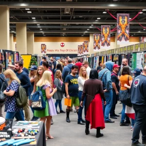 Scenes from the Central Carolina Comic Con showing fans in costumes and vendor booths.