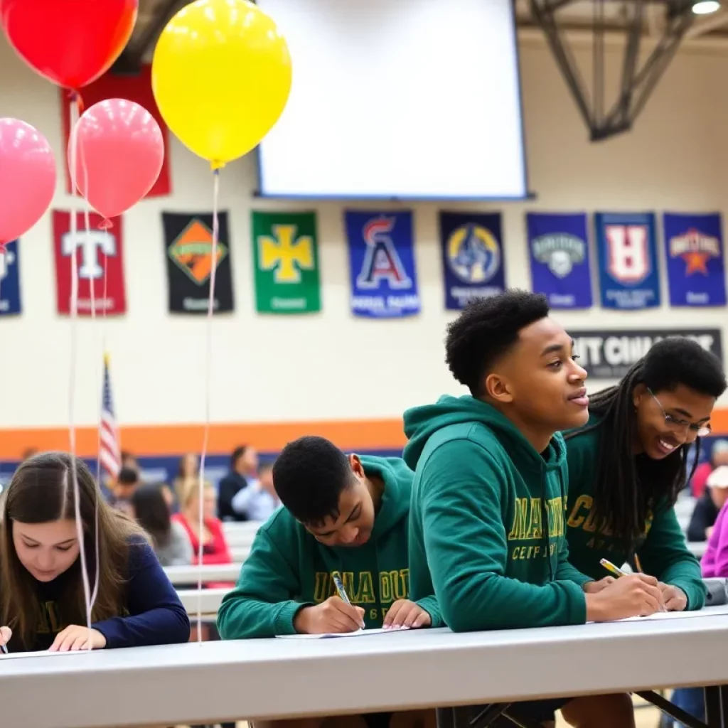 High school athletes celebrating National Signing Day