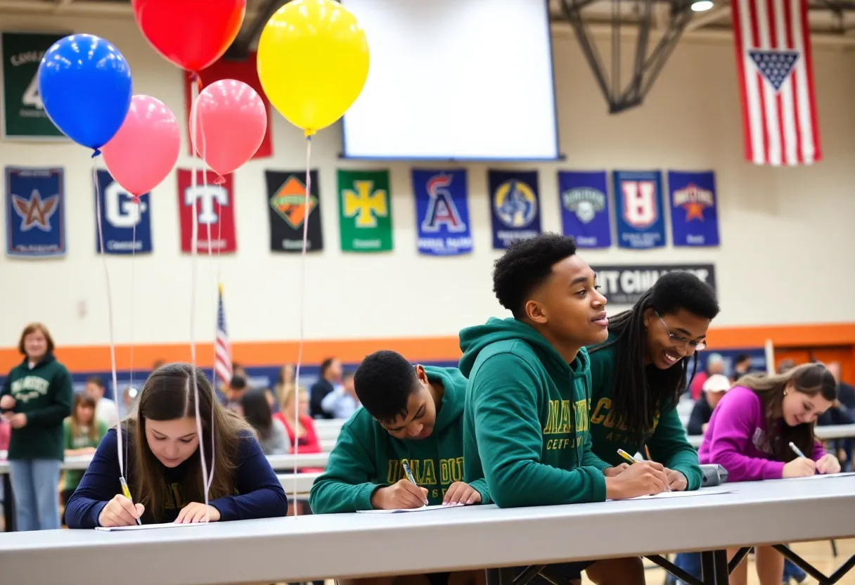 High school athletes celebrating National Signing Day