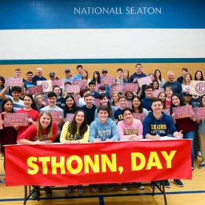 High school seniors celebrating their National Signing Day with college banners.