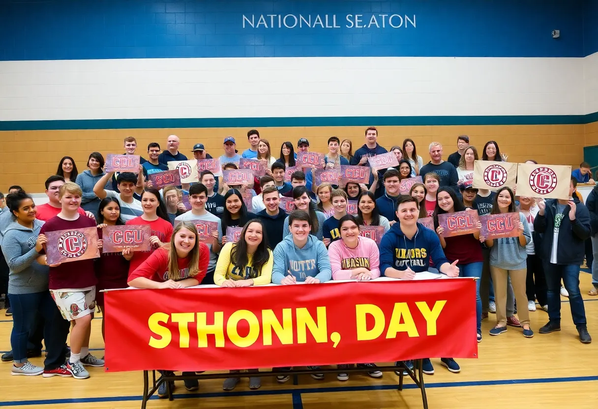 High school seniors celebrating their National Signing Day with college banners.