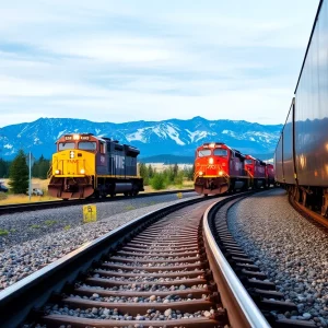 A train traveling on improved tracks in central Washington.