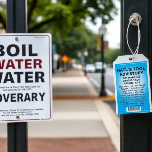 Sign indicating boil water advisory placed on a door in Columbia