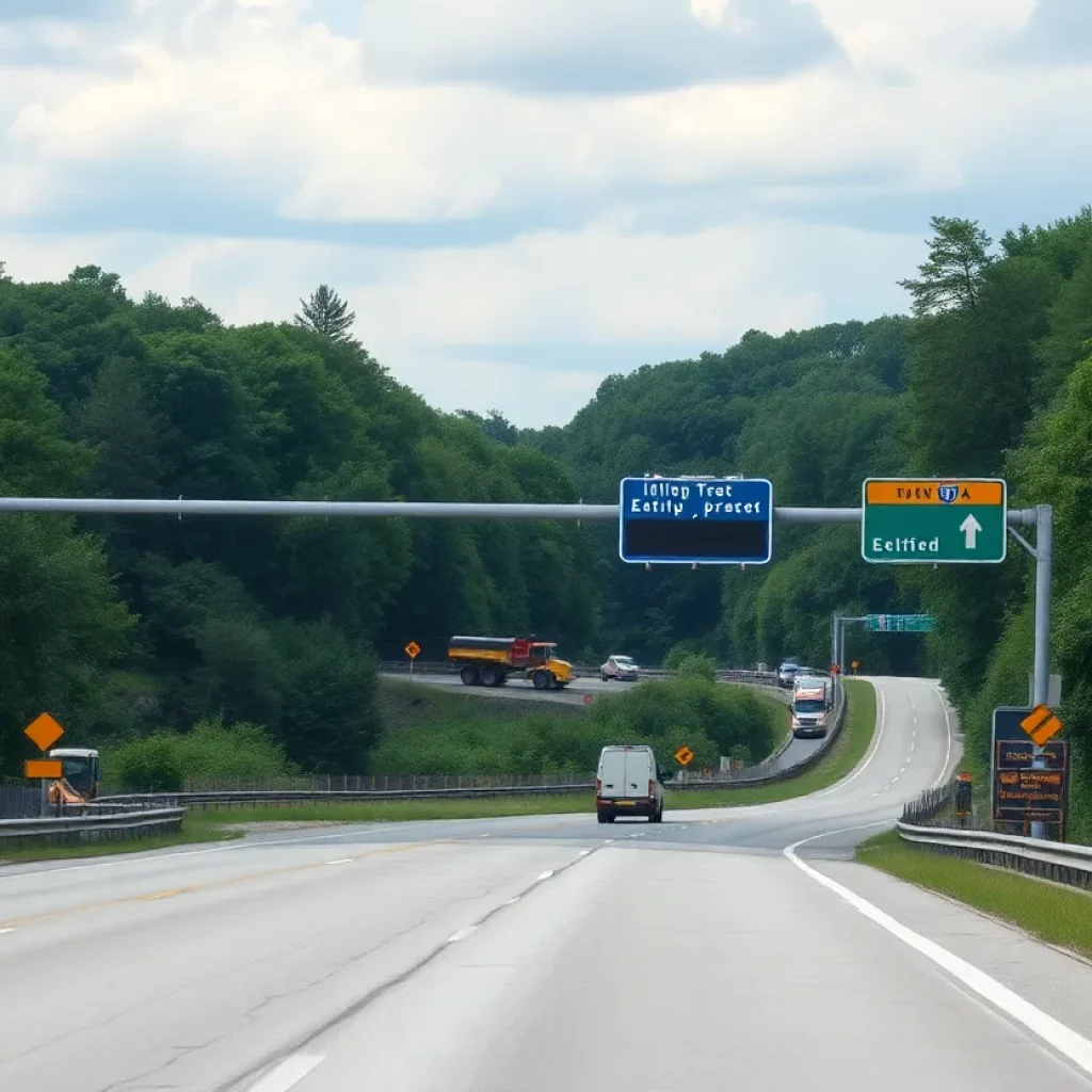 Construction of the new exit ramp in Columbia with machinery and signs