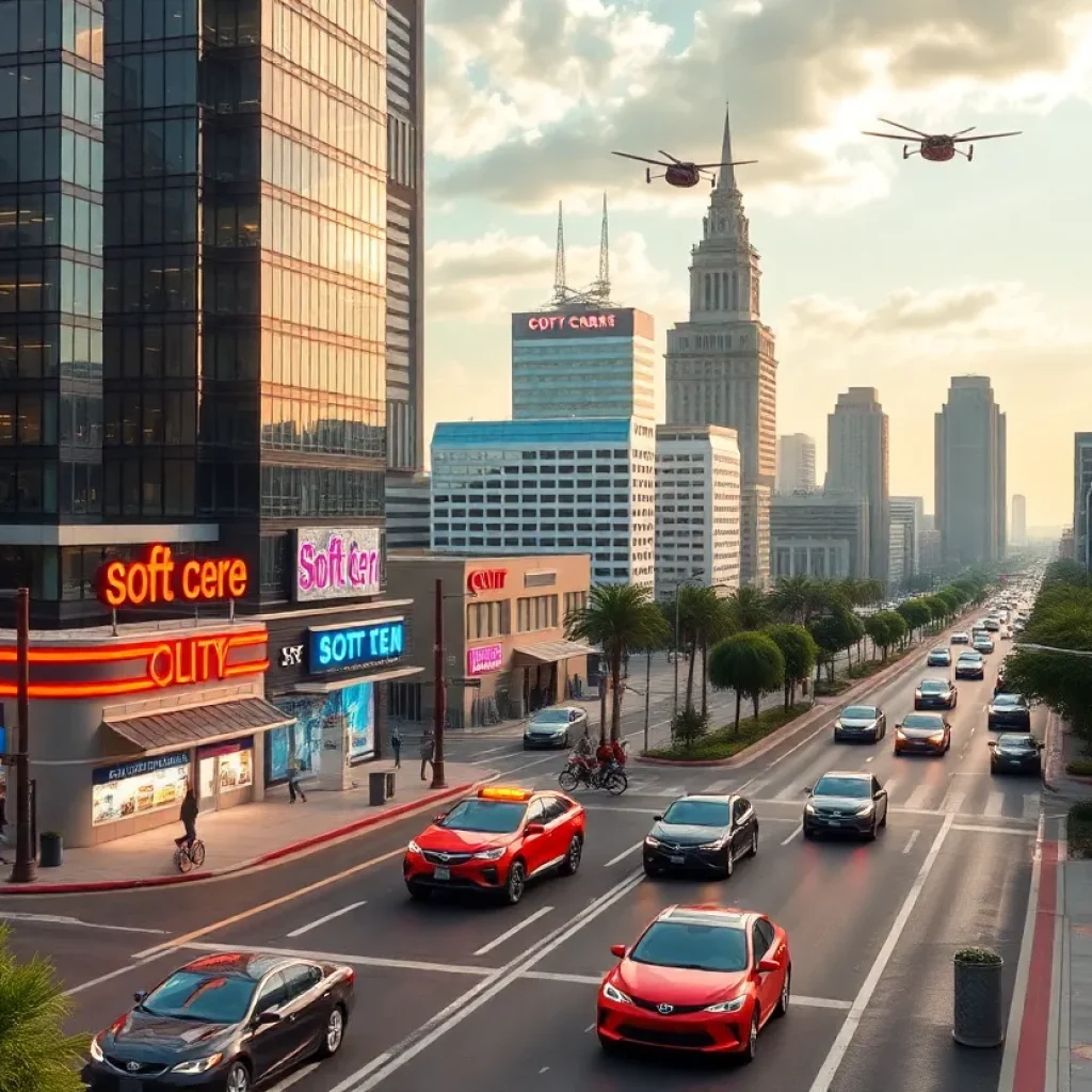 Futuristic cityscape of Columbia SC with innovative transportation