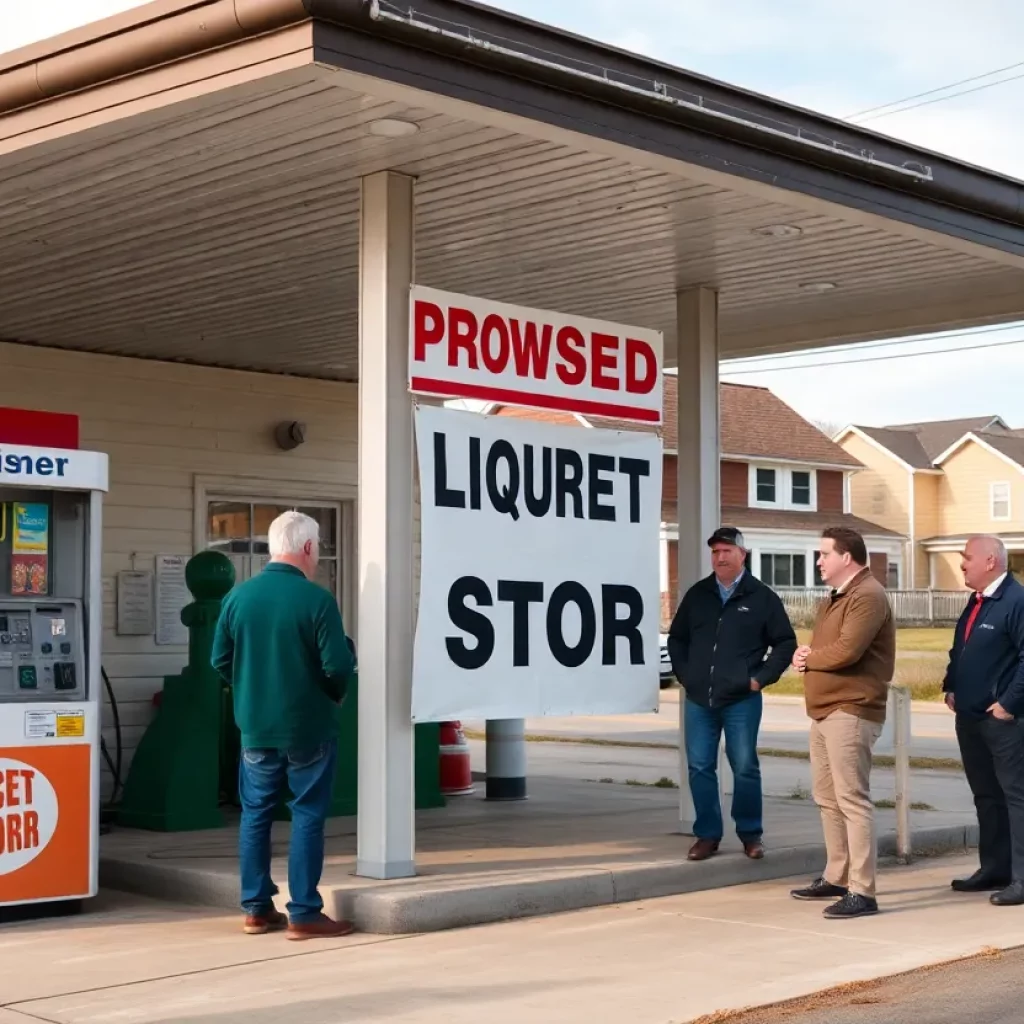 Visual representation of a gas station with a proposed liquor store sign.