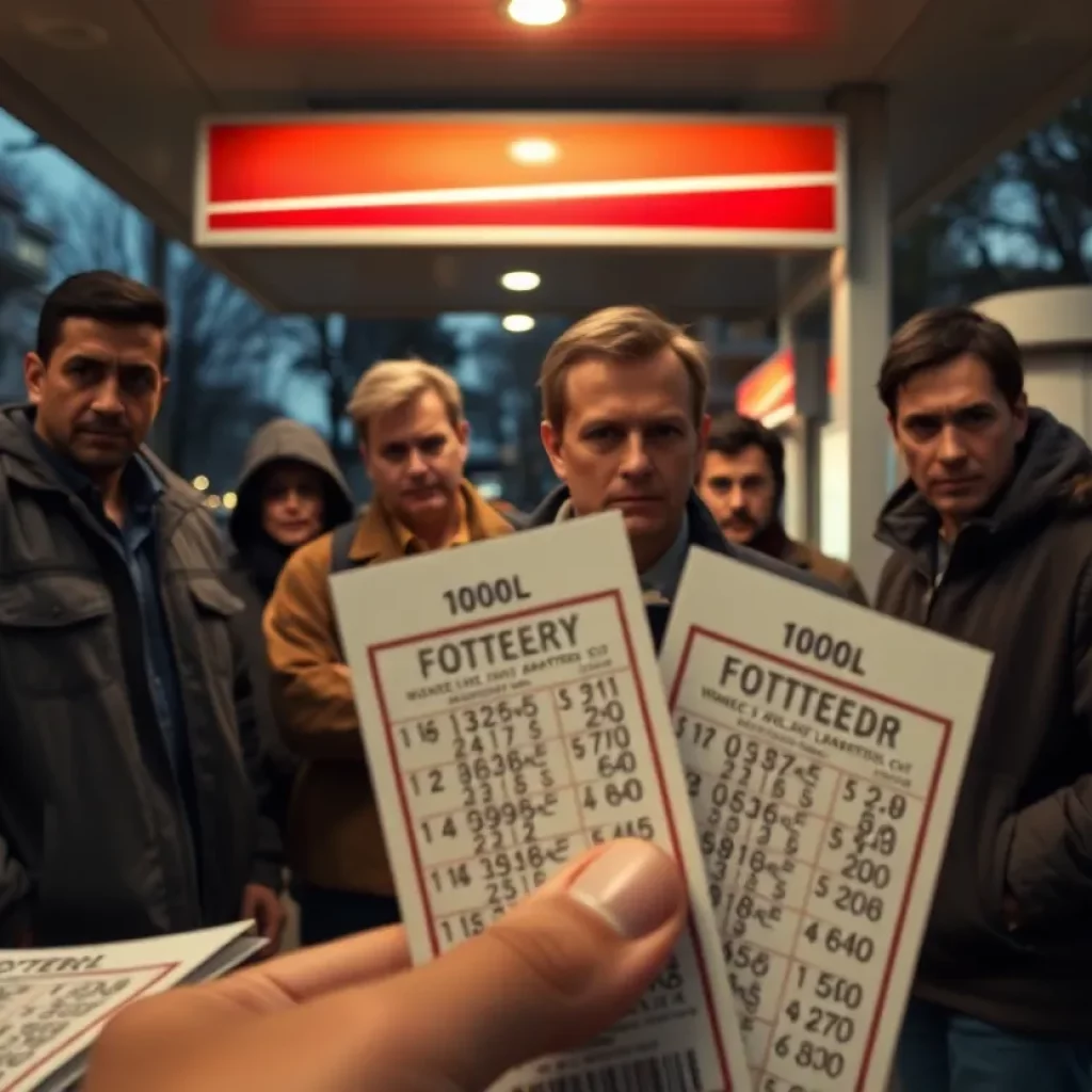 Suspicious individuals at a gas station with lottery tickets