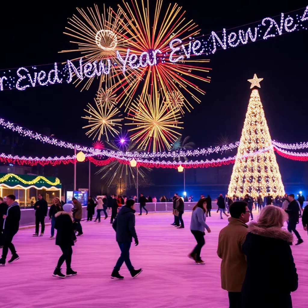 Festive scene of New Year celebrations in Columbia with ice skating and joyful gatherings