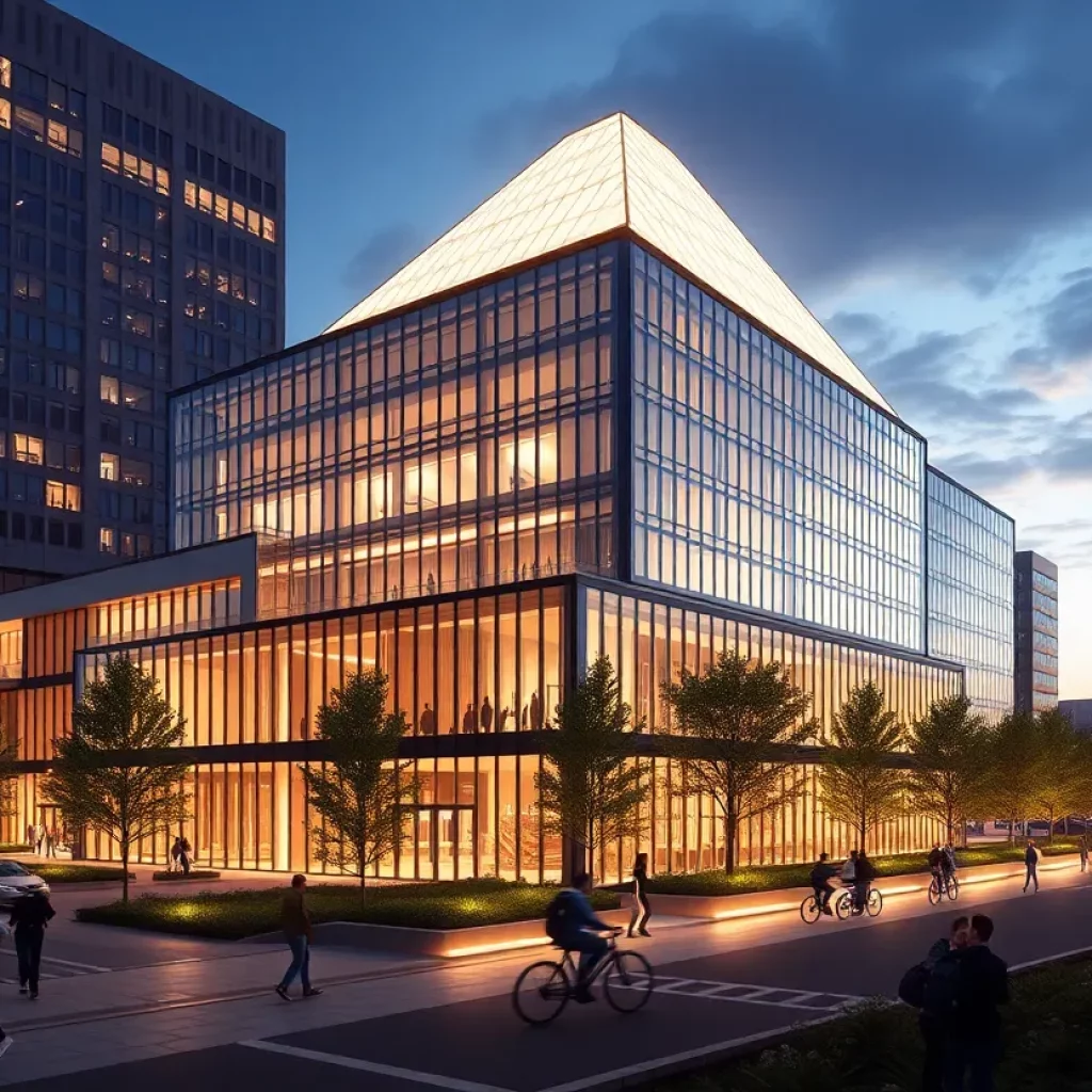 Rendering of Columbia office building with an illuminated pyramid