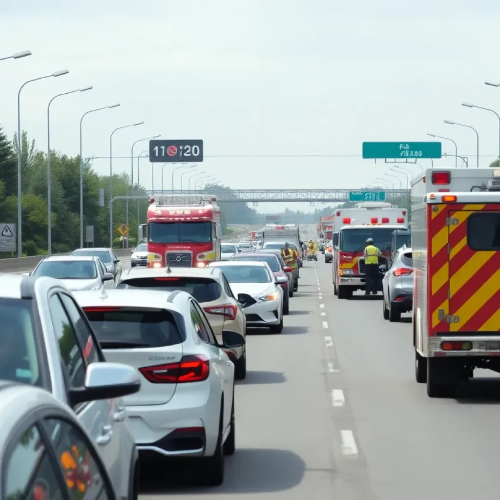 Emergency response vehicles on a busy highway in Columbia during traffic delays.