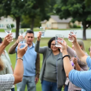 Community members celebrating the lifting of the boil water advisory in Columbia.