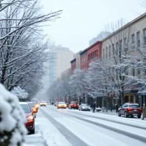 Snow-covered street in Columbia, SC with trees and buildings